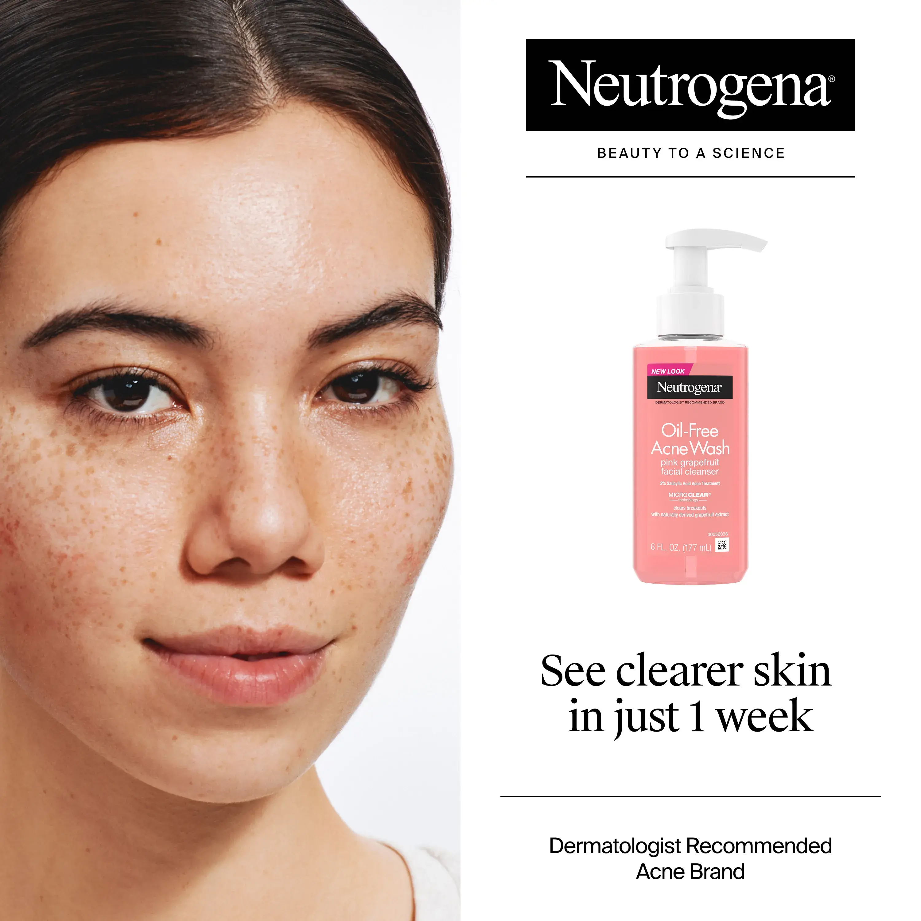 You can see clearer skin with Neutrogena Oil-Free Acne Wash Pink Grapefruit Facial Cleanser within one week, Image displays lady with clear skin