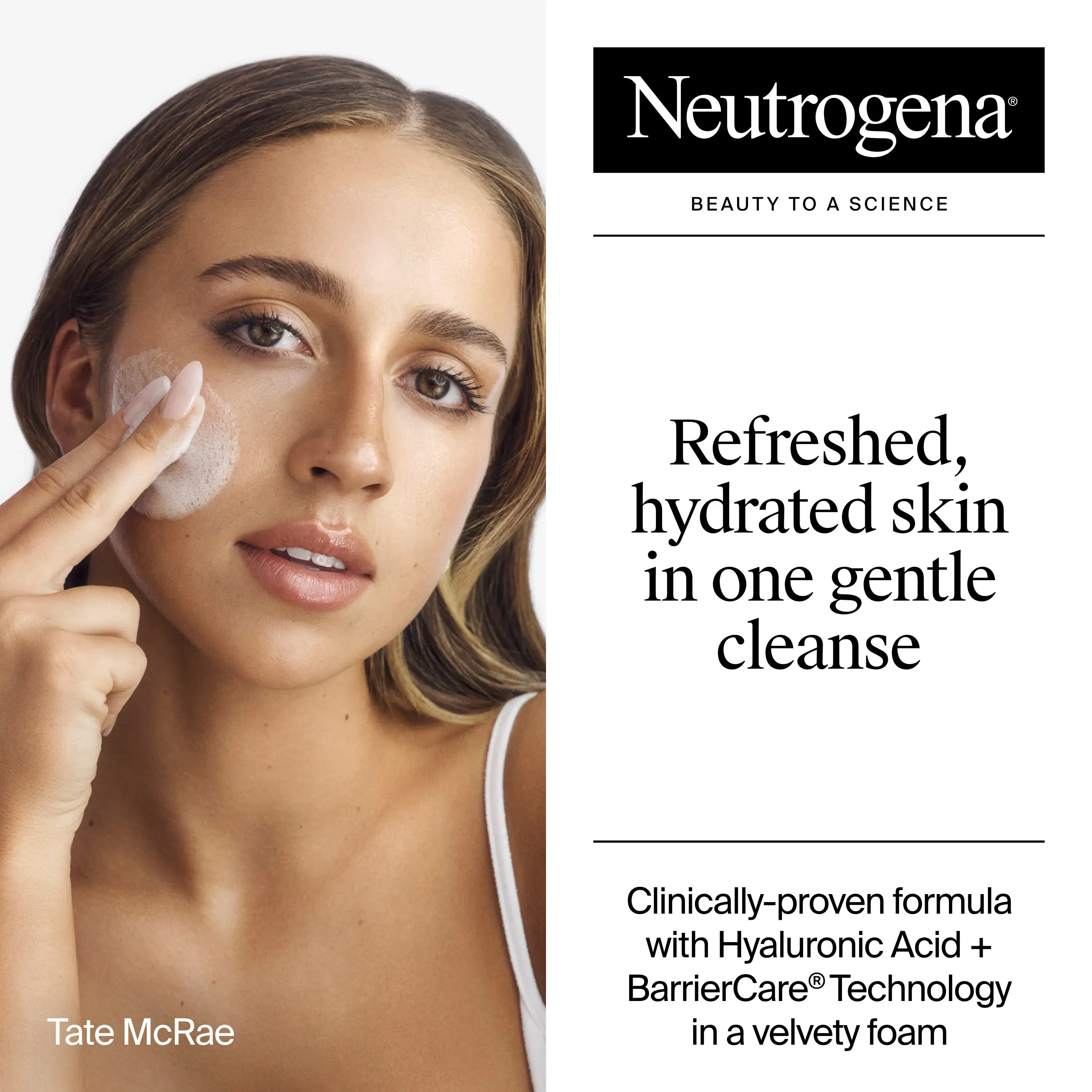Tate McRae applying Hydro Boost Hydrating Facial Cleansing Gel. Refreshed hydrated skin in one gentle cleanse.