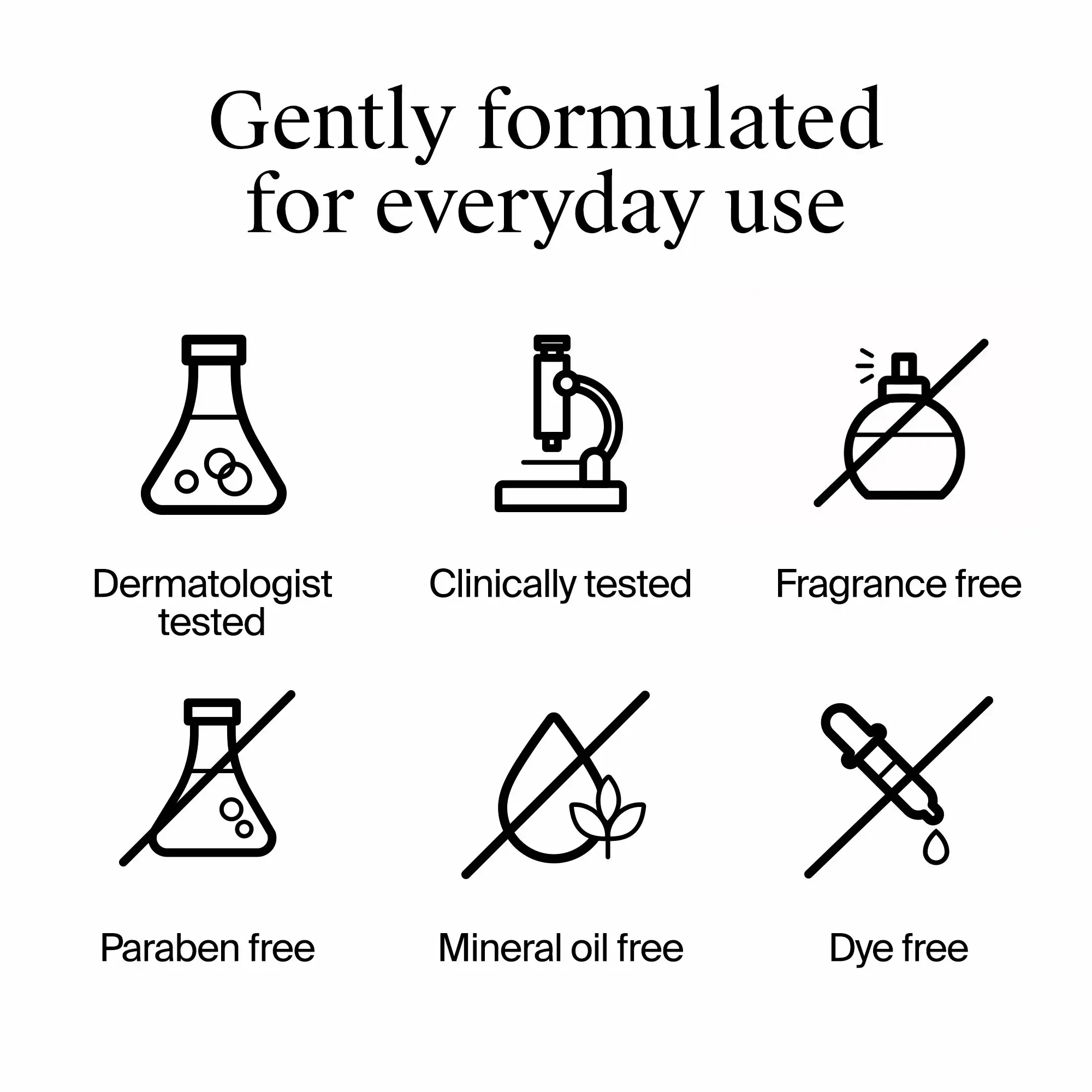 Gently formulated for everyday use is Dermatologist-tested, clinically tested, fragrance free, paraben-free, mineral oil free, dye free.