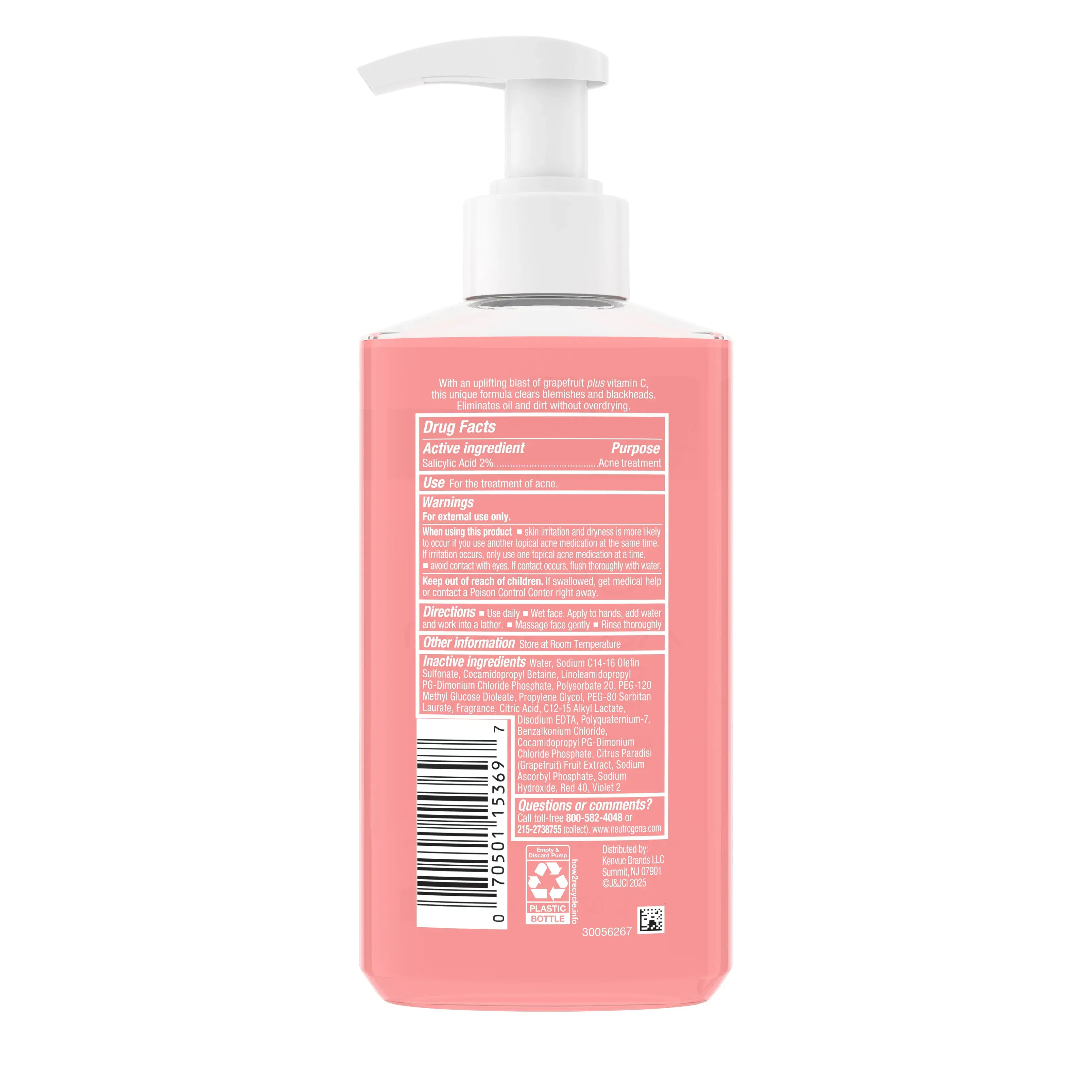 Neutrogena Oil-Free Acne Wash Pink Grapefruit Facial Cleanser 9.1 Fl. Oz Back of Packaging