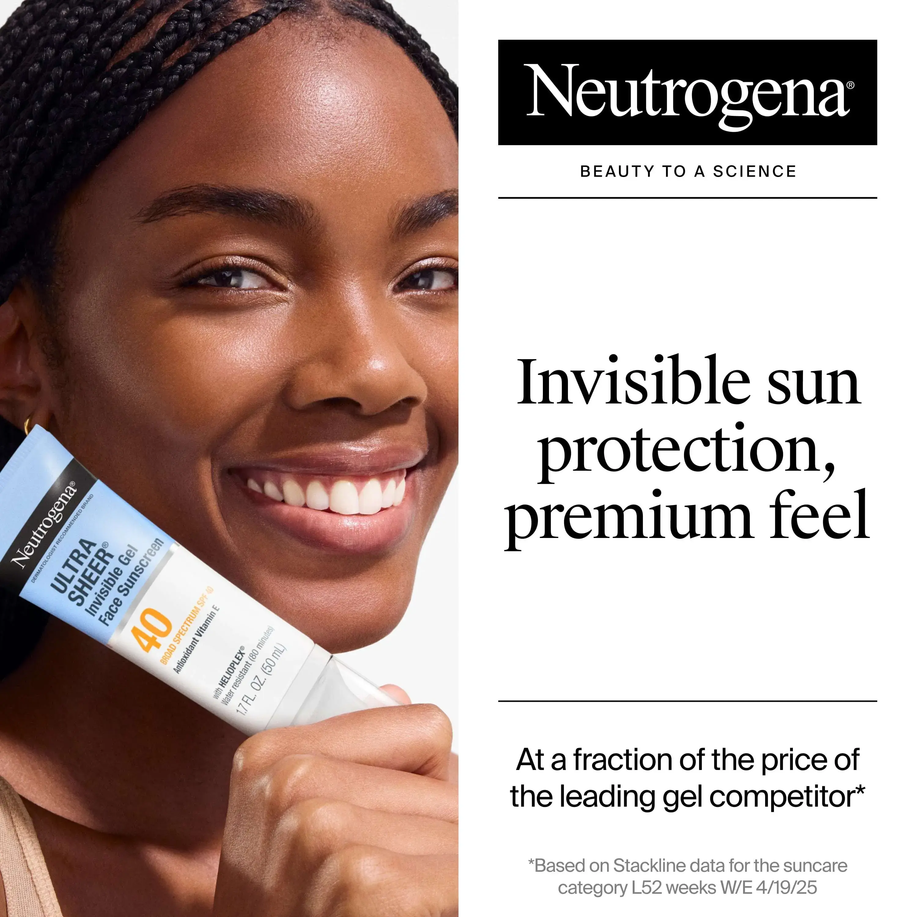 woman smiling holding Neutrogena Ultra Sheer Invisible Gel Face Sunscreen Broad Spectrum SPF 40 for invisible sun protection, premium feel