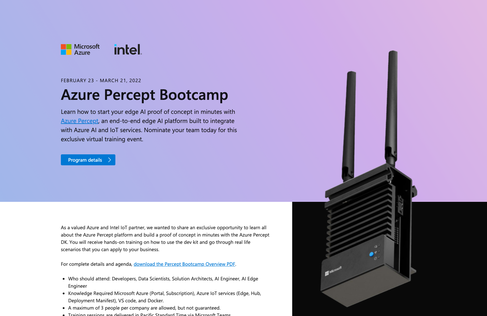 Example site - Azure Percept developer bootcamp registration page.