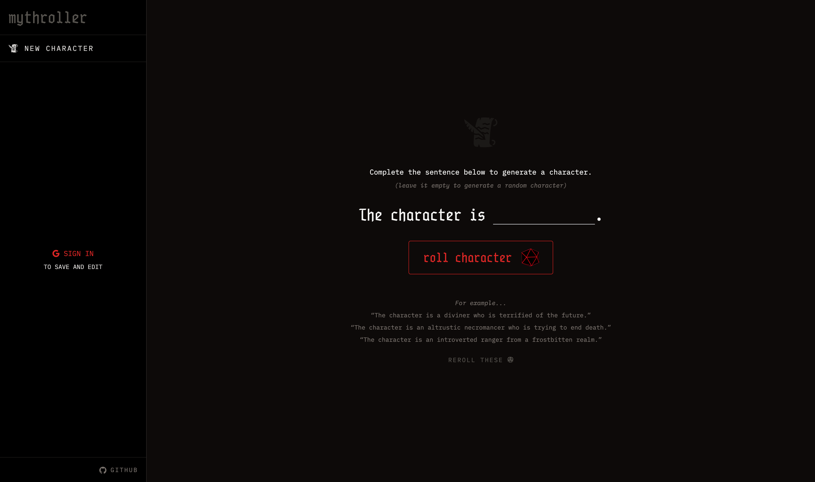 Showing input prompt screen for a logged out user. Example prompts can be "re-rolled" to generate inspiration.