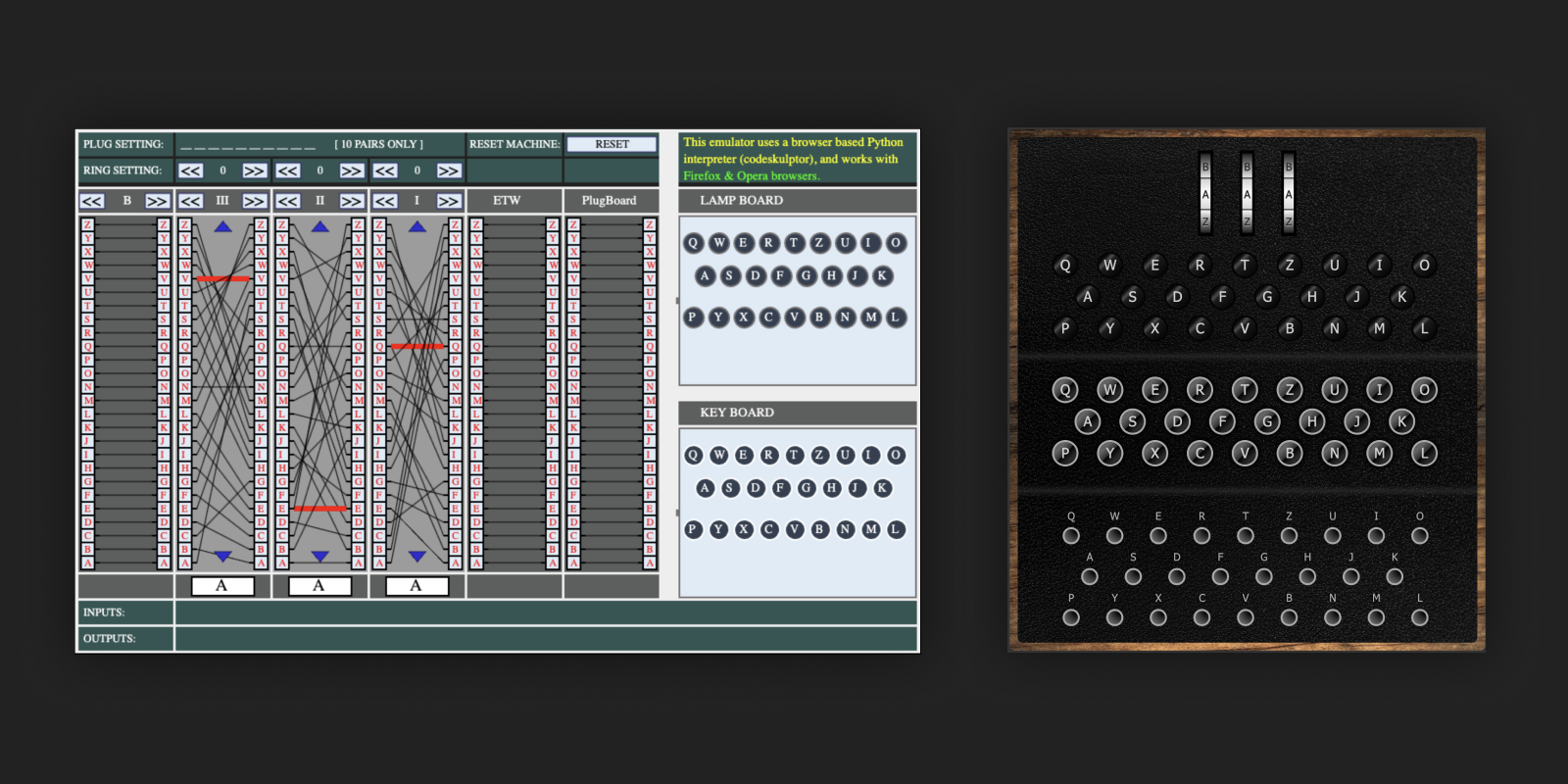 Examples of existing enigma simulators online. Left screenshot is a 2D representation of the enigma rotors. Right screenshot is a skeuomorphic example of the device.