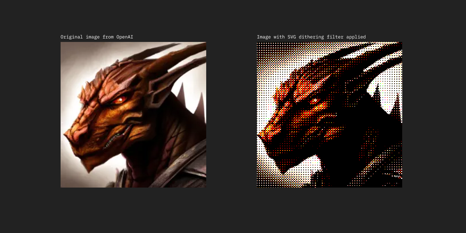 Images are displayed with a custom SVG dithering filter applied. This filter serves to both add some unique style as well as mask the lower quality and style of some AI-generated content.