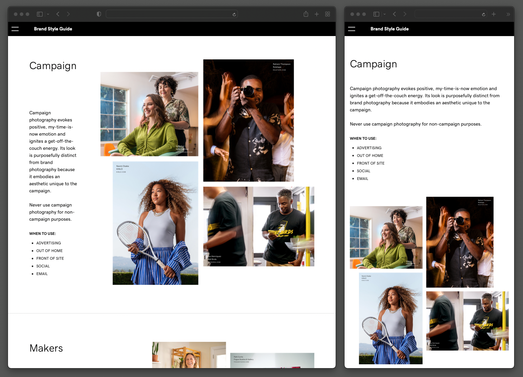 Showing accommodation of multiple screen sizes. On mobile views menu can be expanded for navigation.