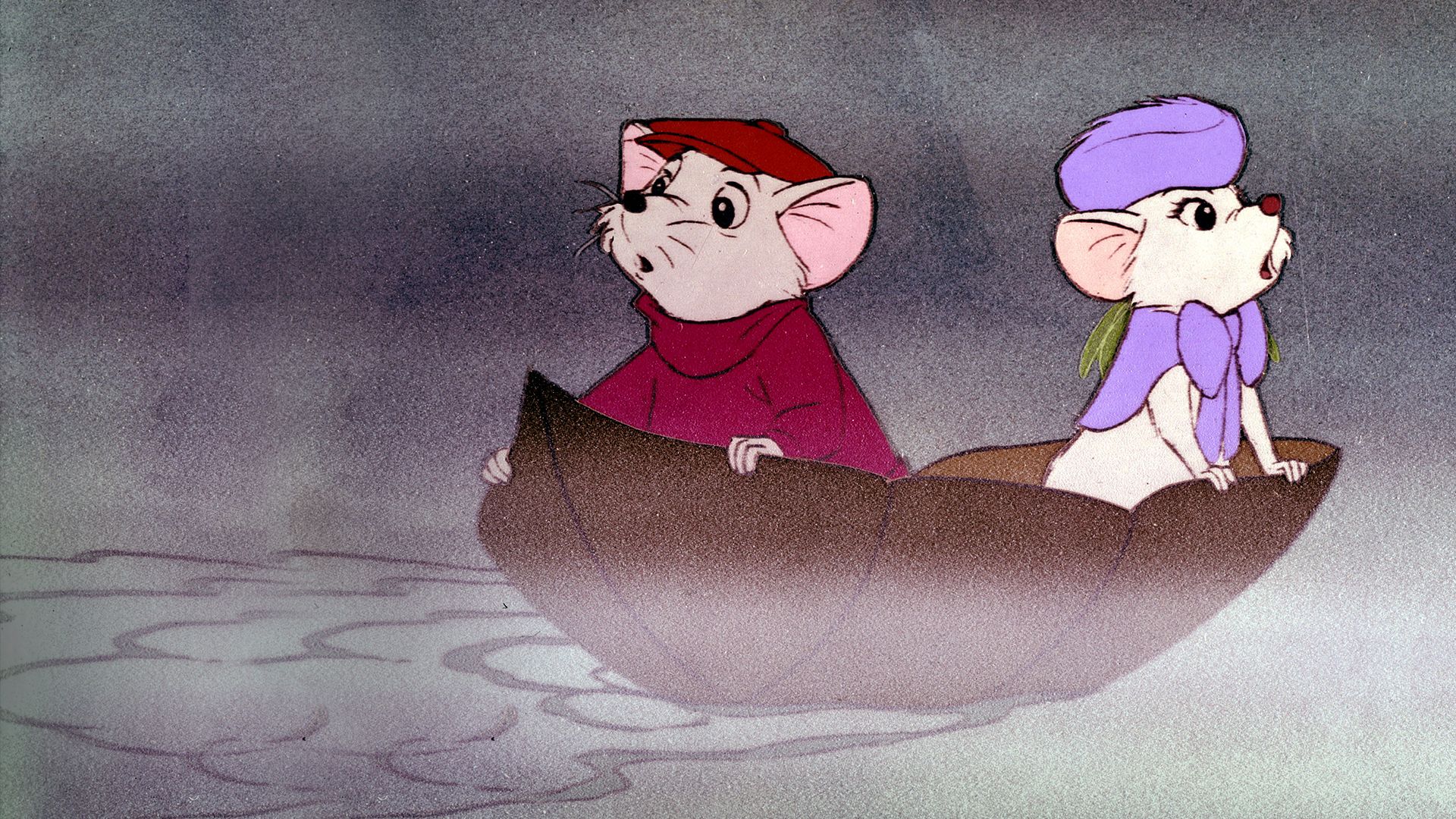 Bernard, a gray mouse with a red turtleneck and red newsboy cap, and Bianca, a white mouse with a purple fur hat and a purple cape with a bow tied in the front sit in a brown leaf on a body of gray water, with fog around them.