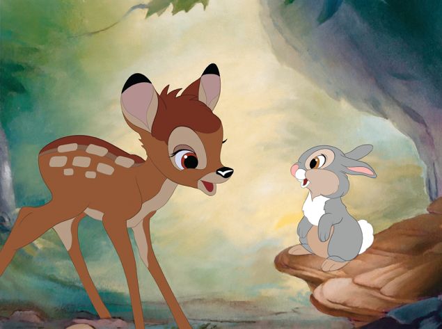 A brown fawn (Bambi) with brown eyes looks at a gray bunny (Thumper) with white tail and white chest fur; they are both smiling.