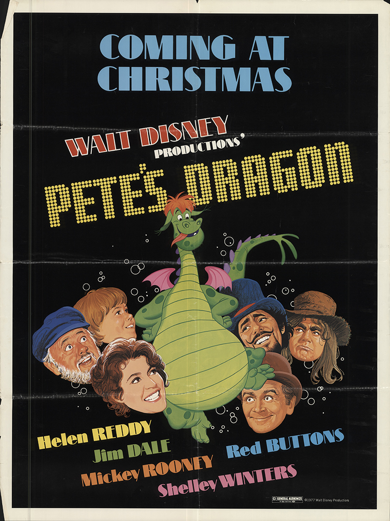 A movie release poster shows a group of white people, 4 men, a woman, and a young boy, surrounding a green animated dragon with pink wings and red hair.  The poster says "Coming at Christmas, Walt Disney Productions' Pete's Dragon"