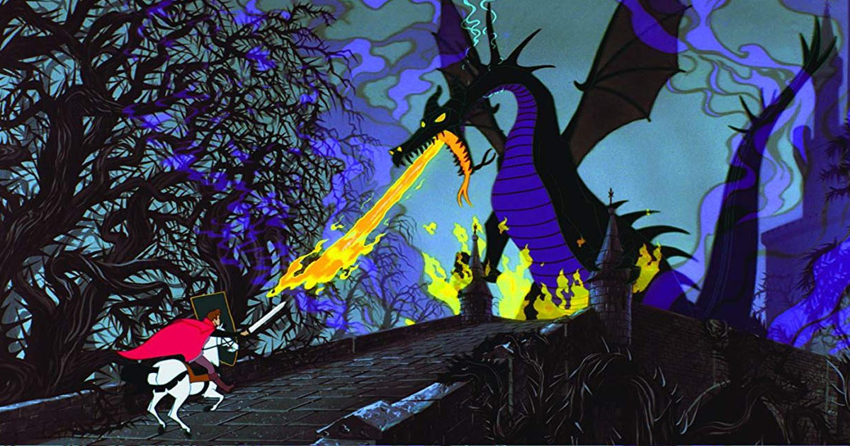 There's an enormous thicket of black thorns with a gray stone-paved road running through the middle.  Prince Philip is a small figure in the foreground, riding a white horse, carrying a sword, and wearing a red cape.  He is charging towards a huge black dragon (Maleficent in her dragon form), who is breathing yellow and orange fire at Prince Philip.