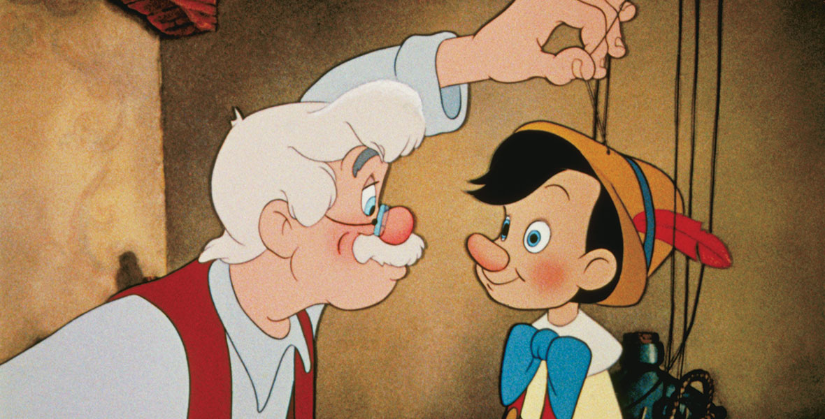 Gepetto, an old white man with white hair, white mustache, and blue eyes, wearing a white shirt and a red vest, holds the strings of Pinocchio, a wooden white-skinned puppet wearing a yellow sshirt, red vest, and blue bow tie, as well as a white collar.