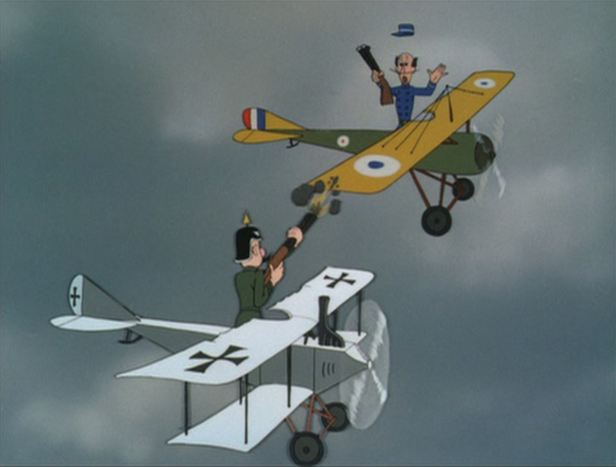 Two biplanes fly side-by-side in the same direction. The foreground plane is white with black crosses on the wings, with a german soldier wearing a green uniform and black helmet with a gold spike on top.  The background plane is green with yellow wings with white circles, with a British soldier in a blue uniform and blue cap.  The German soldier is shooting at the British soldier with a shotgun; the British soldier's hat is floating above his head and he is holding his shotgun pointing toward the sky in surprise.