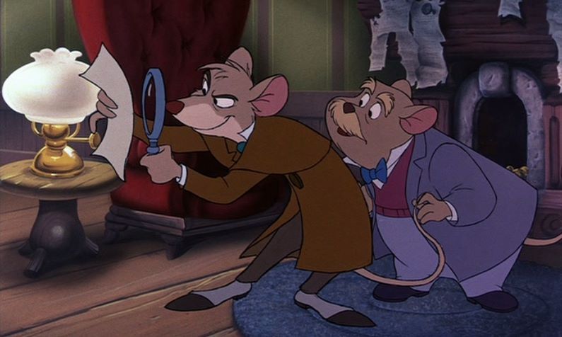 Basil of Baker Street, a brown mouse in a brown trenchcoat, brown pants and white-and-black spats holds a magnifying glass up to a piece of paper.  Dr. David Q. Dawson, a gray mouse with a bushy mustache and eyebrows, wearing a blue coat, blue pants, black shoes, a mauve sweater vest, a white shirt and a blue bow tie looks over his shoulder.  They are standing in a sitting room with a glass-shaded lamp on a tea table and a fireplace.