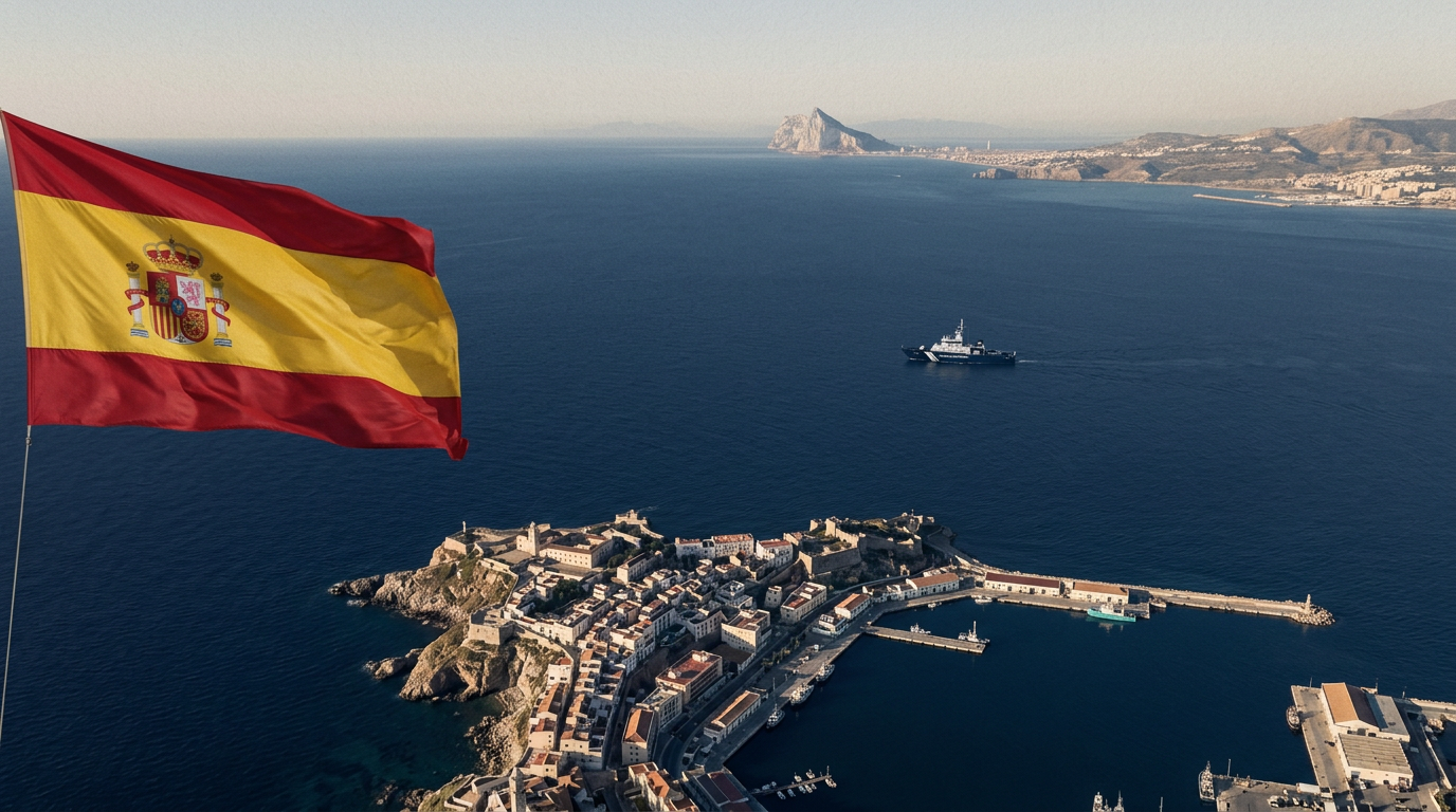 Vista editorial de Ceuta y el Estrecho de Gibraltar con la bandera de España, adaptada a la identidad visual de Atenea.