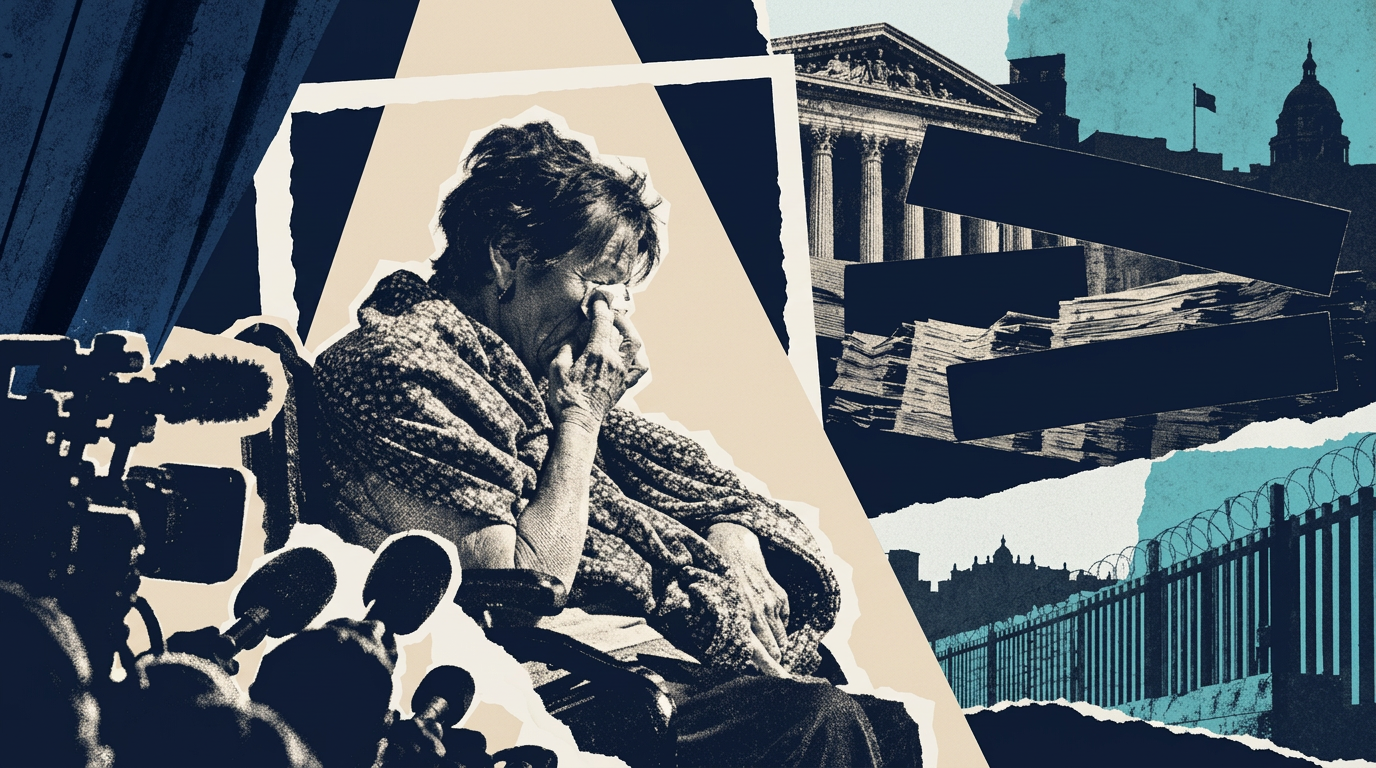 Collage editorial en tonos azul marino, beige y turquesa: una mujer mayor en silla de ruedas se seca las lágrimas ante cámaras y micrófonos, con un edificio institucional, montones de papeles y una valla con alambre de espino al fondo. Ilustración original de The Objective, adaptada a la paleta de Atenea.