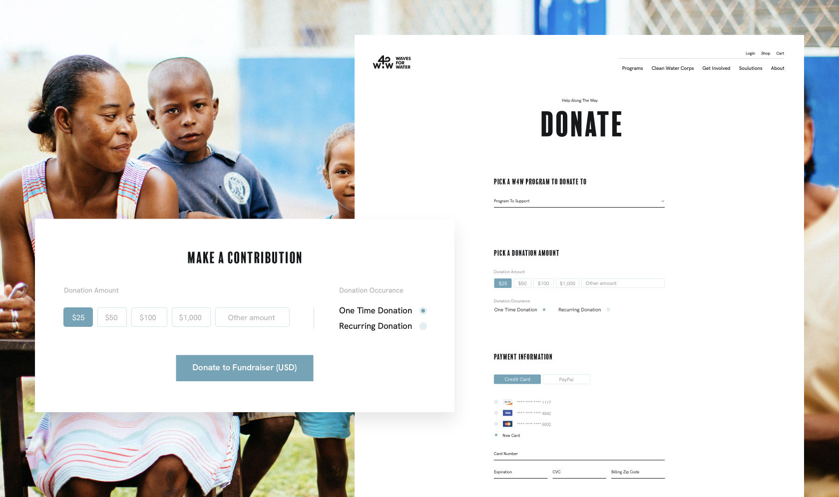 Waves for Water donation page designs