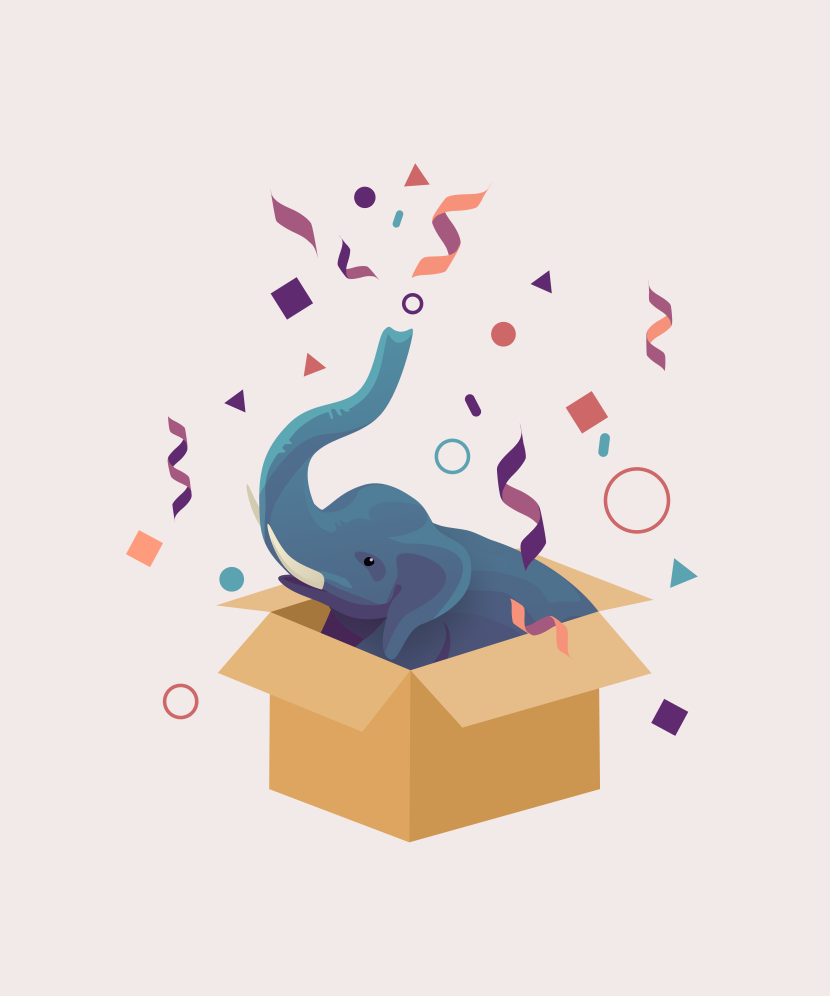 Illustration of elephant emerging from a box with confetti
