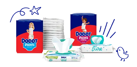 Catálogo de productos Dodot: pañales, pants y toallitas.