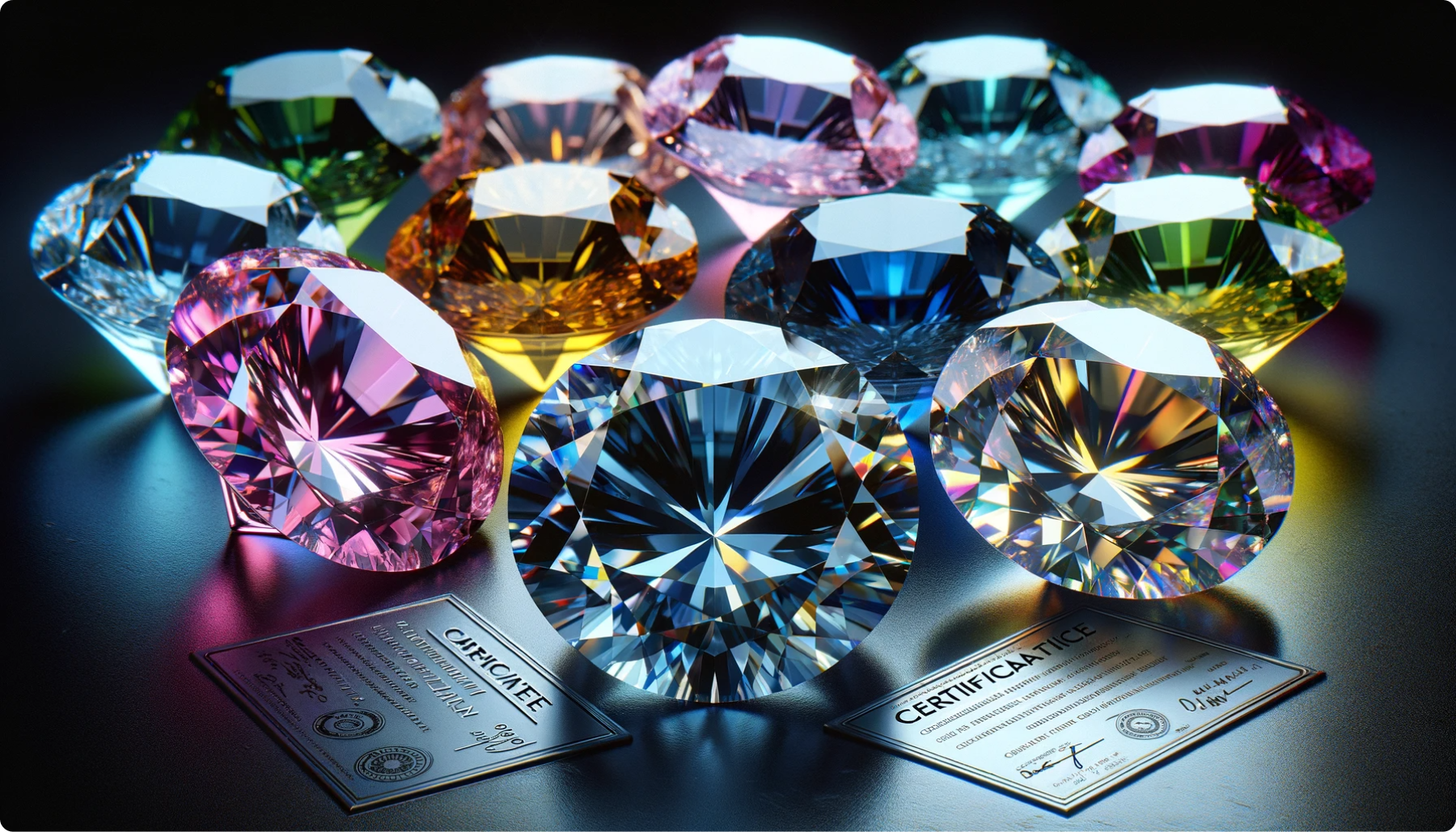 A stunning array of colored diamonds with their certification labels.