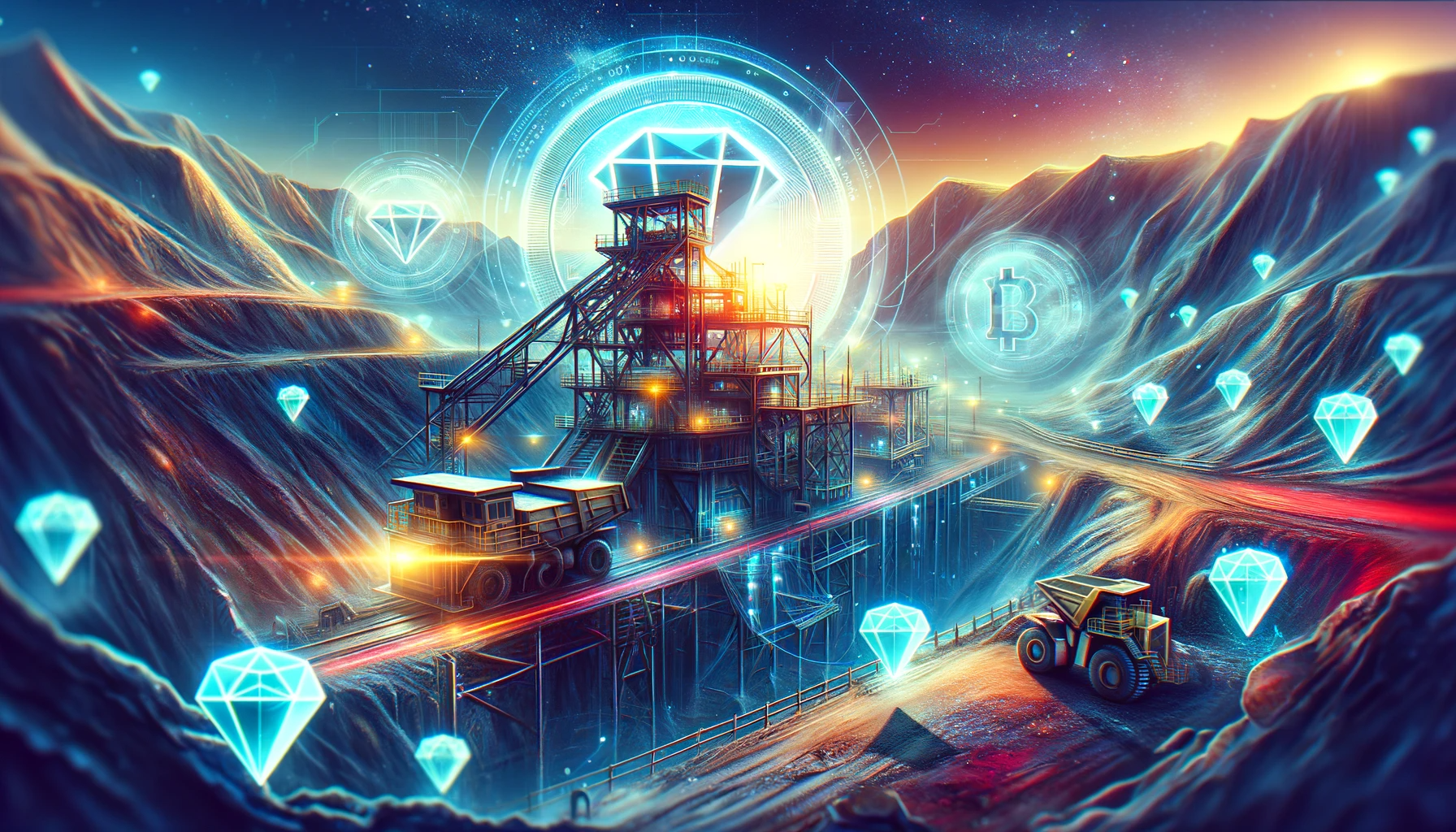 A vivid depiction of a diamond mine with digital tokens overlaying the physical landscape.