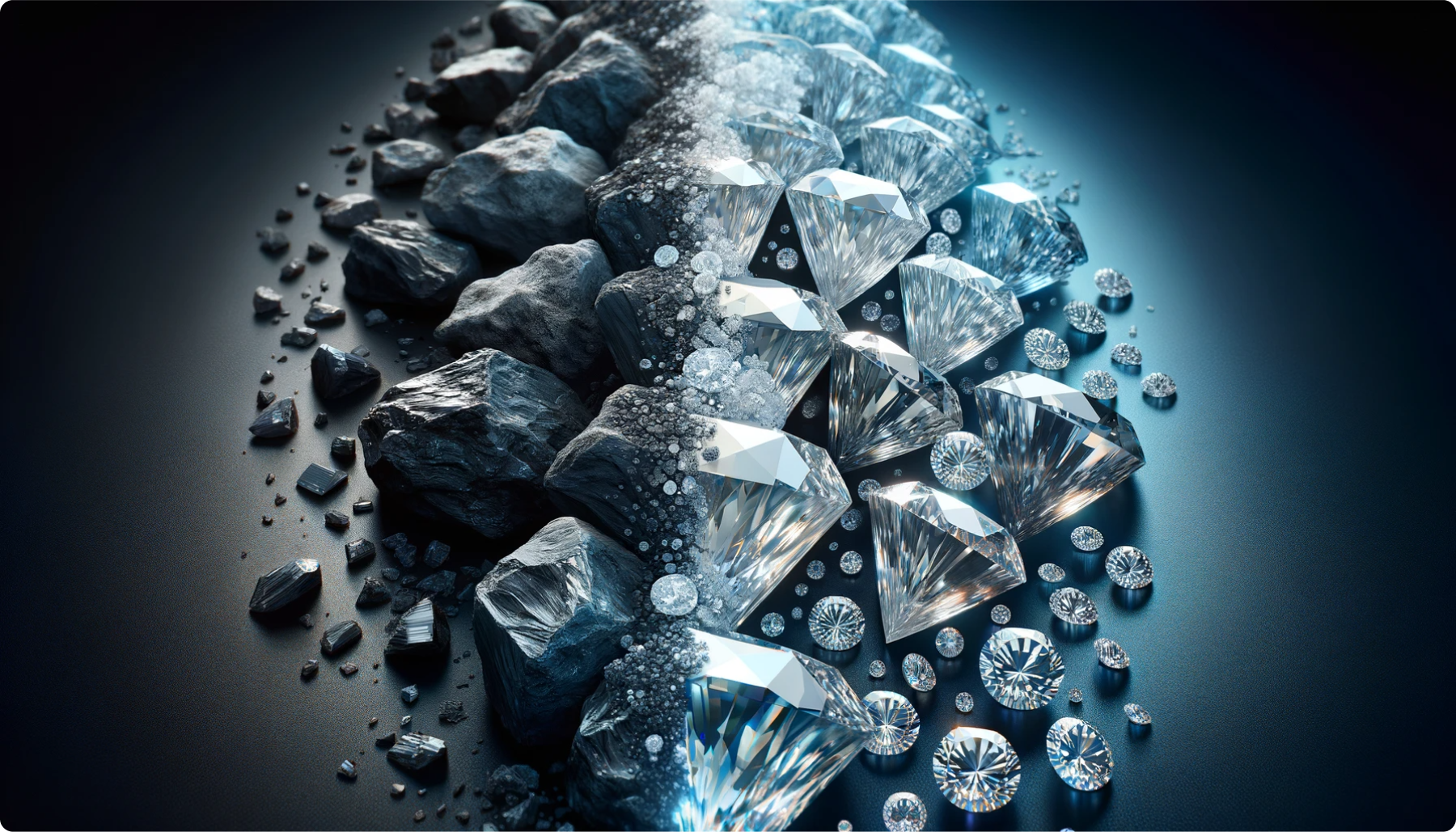 A digitally enhanced photo of diamonds transitioning from rough to polished, symbolizing the investment journey.