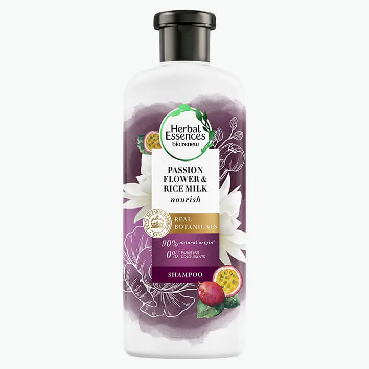 Herbal Essences passion flower & rice milk shampoo bottle