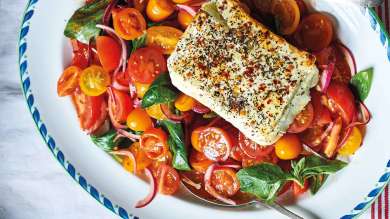 Marinated tomato salad with baked feta and mint