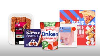 A range of Co-op own brand and branded products against a gradient background.
