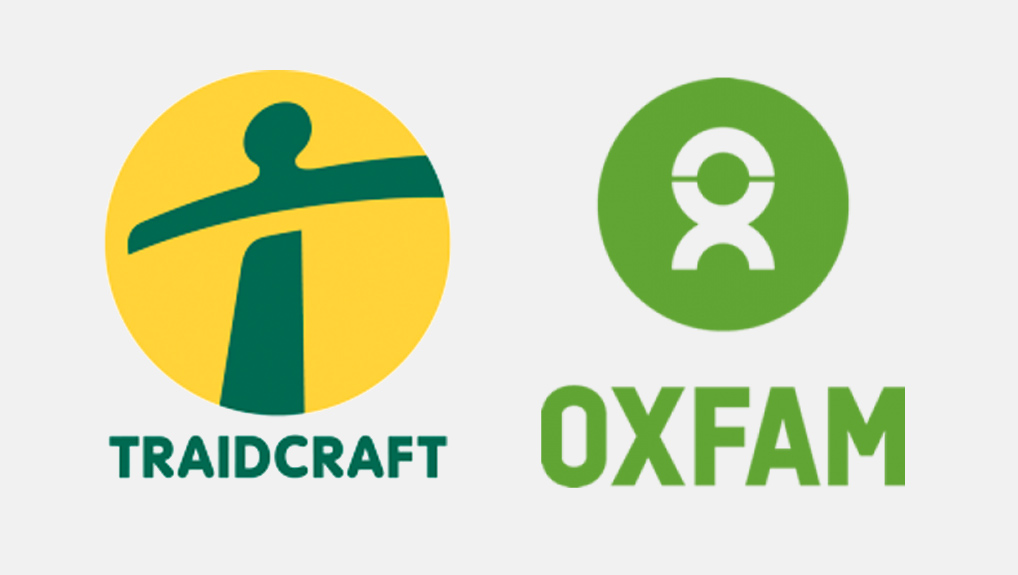 Fairtrade certified products Traidcraft and Oxfam.