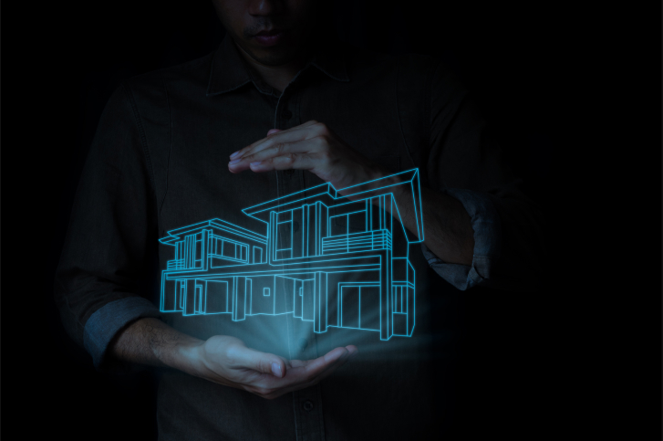 Maos projetando uma casa digital representando o conceito de Renda Fixa Digital e Crowdfunding: alternativas para diversificar seu portfólio