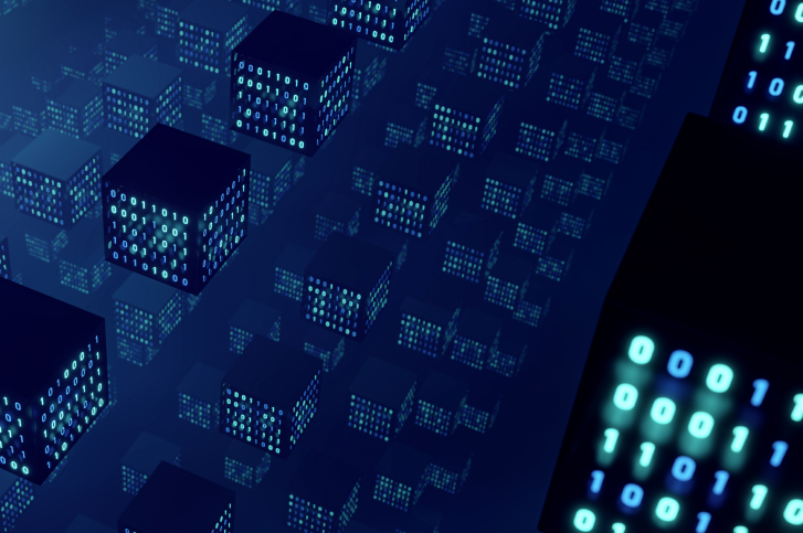 Blocos com numeros binarios em cadeia digital representando o conceito de O que é Dai (DAI) e como funciona a stablecoin DeFi