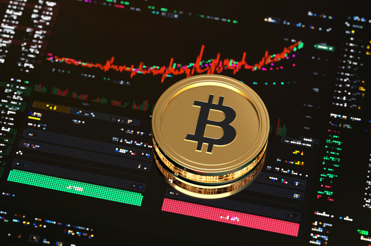 Gráfico de mercado com moeda digital Bitcoin em destaque, representando as vantagens de investir em criptomoedas.