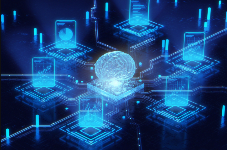 sistema interligado de hologramas representando a blockchain e a diferenca ente proof of work e proof of stake