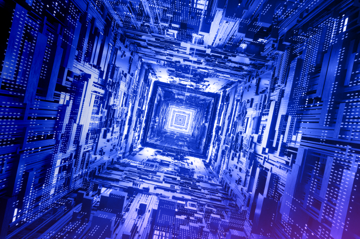 Estrutura digital complexa, representando o processo de auditoria de contratos inteligentes em blockchain.