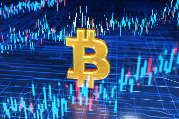 Simbolo do bitcoin entre graficos representando o conceito de Quanto rende investir 1000 reais em bitcoin por mês?