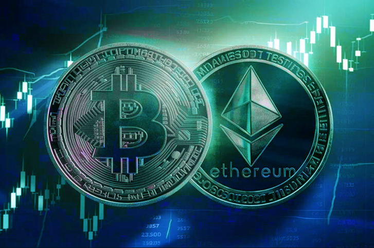 Moedas de Bitcoin e Ethereum sobrepostas sobre um grafico representndo as diferencas e vantagesn de cada um