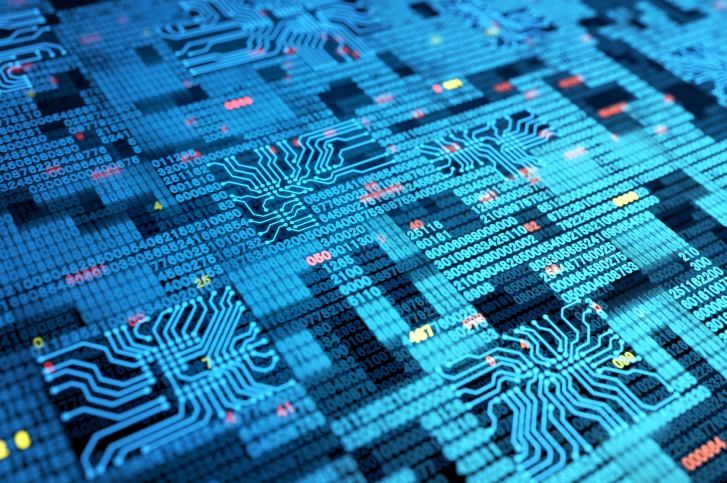 Circuitos digitais em azul, representando criptomoedas baseadas em ativos reais tokenizados (RWA).