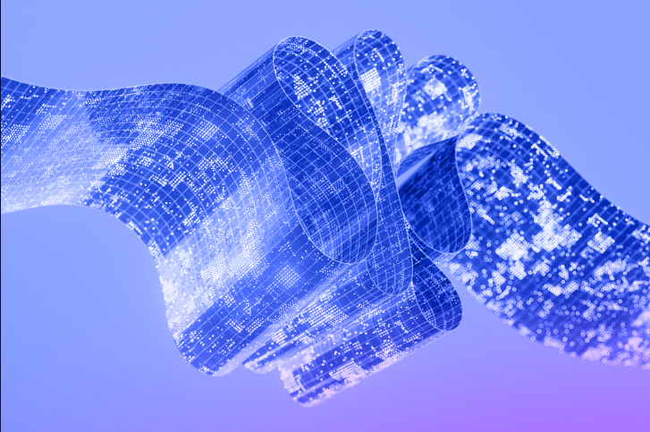 Representação digital de aperto de mãos, simbolizando a transformação dos contratos tradicionais pelos smart contracts.