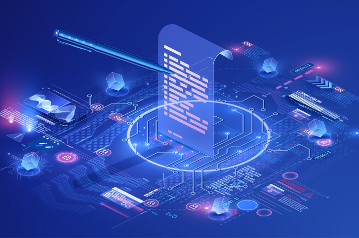 Representação digital de contratos inteligentes, destacando a execução condicional em blockchain.