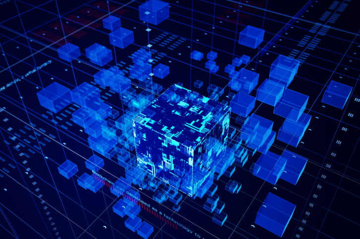 uma serie cubos em um espaço 3d escuro simboliznado dados e blockchain para ilustrar o tema da tokenização