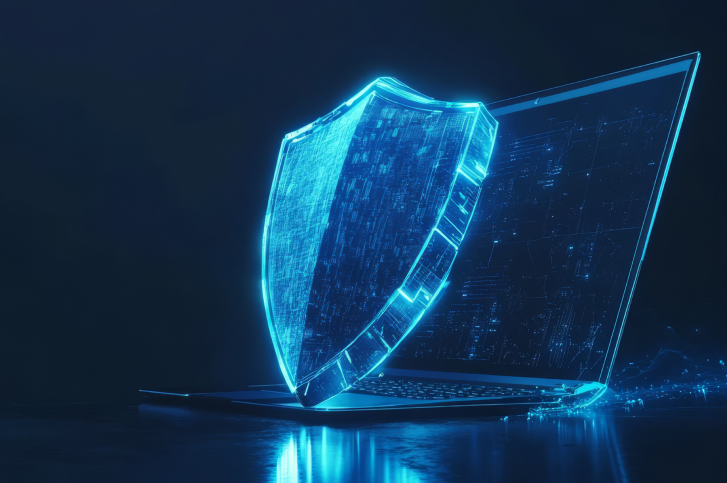 holograma de computador azul protegido por um escudo luminoso virtual em fundo esuro ilustrando o tema da privacidade e o anonimato