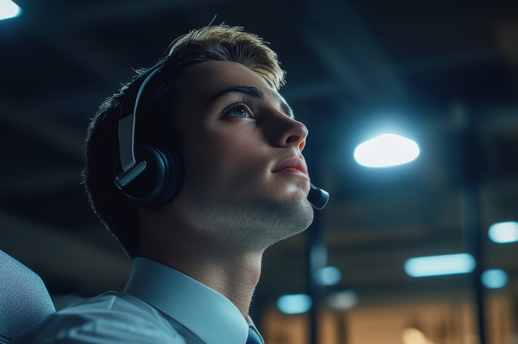 Atendente para suporte com headset em escritorio moderno