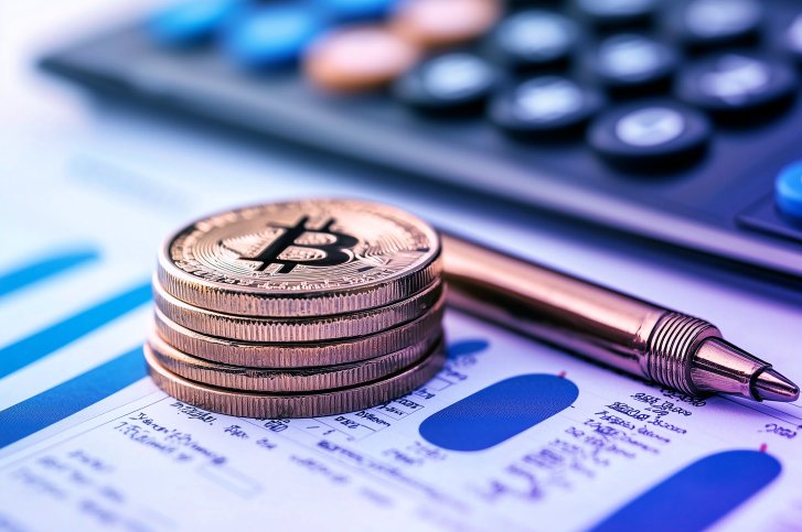 Moedas de bitcoin sobre uma calculadora e algumas contas em papel representando os pagamentos em imposto de renda crypto