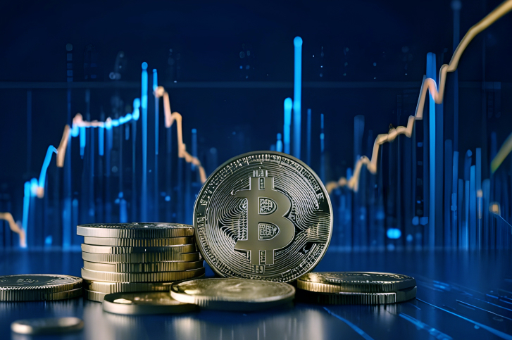 moedas douradas de bitcoin em primeiro plano e ao fundo graficos azuis representando o tema de rendimento em crypto