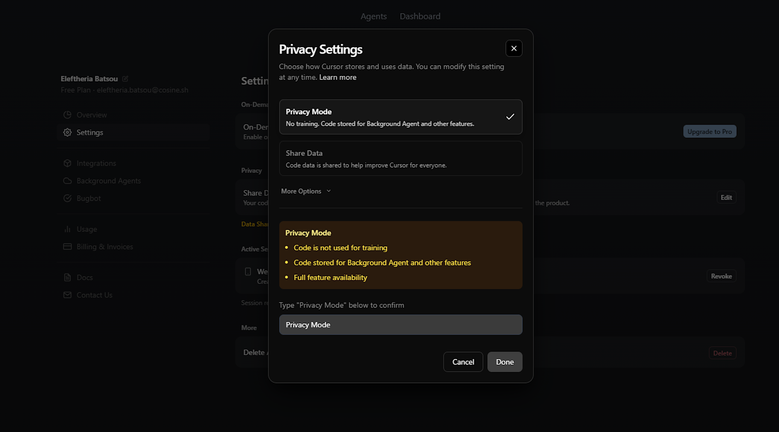 1. cursor - privacy mode