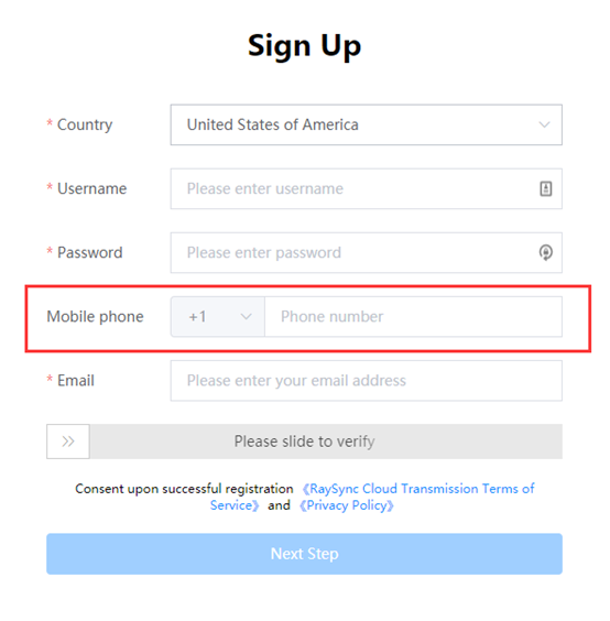 sign up interface
