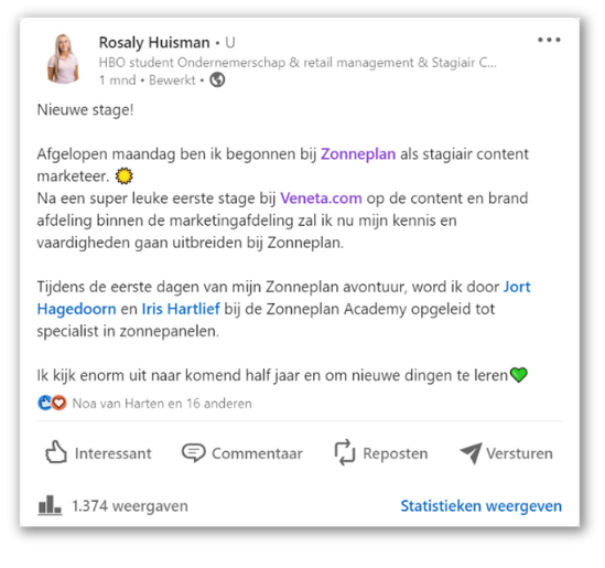 Screenshot voorbeeld welkomspost LinkedIn