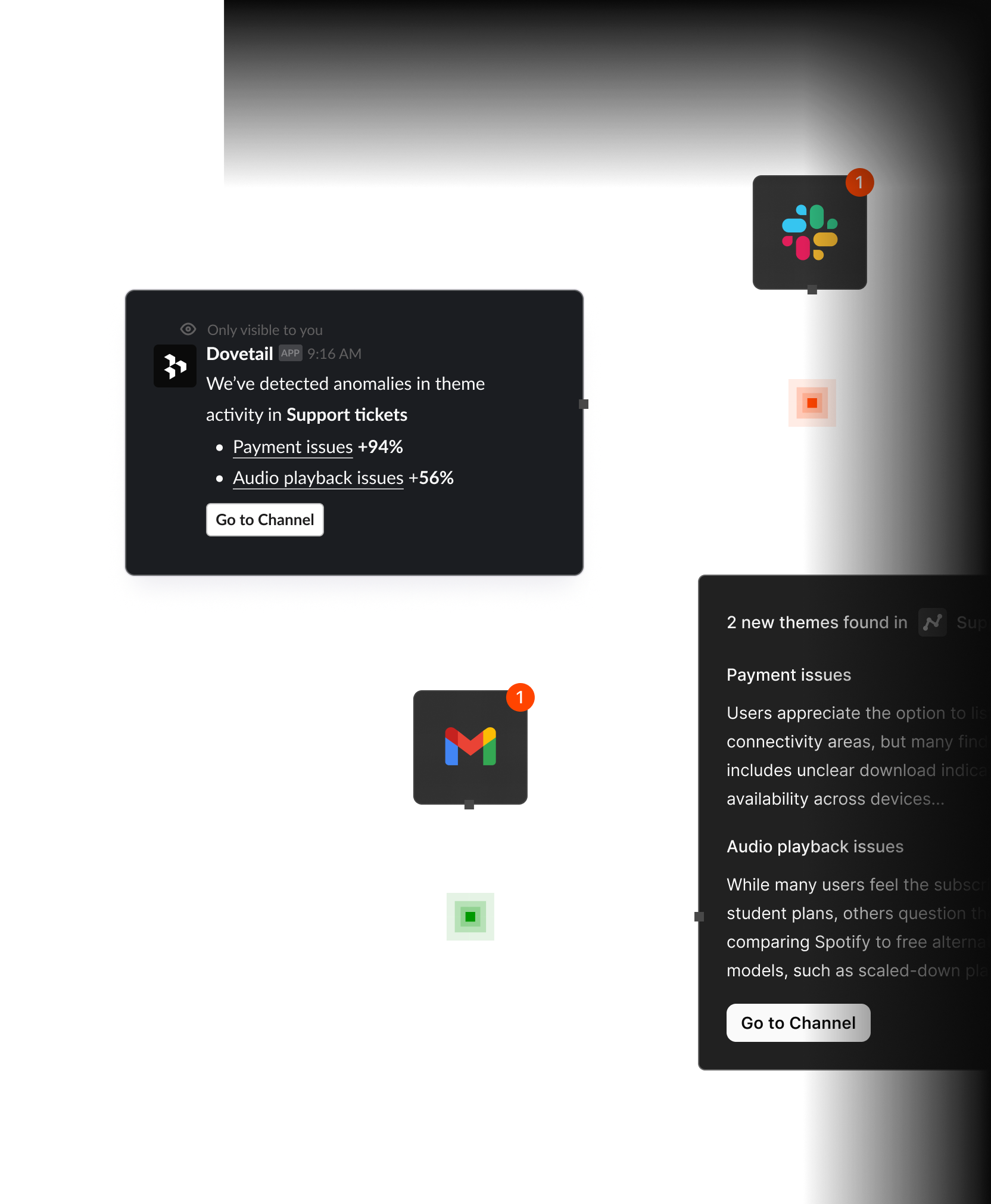 Dovetail notification showing support ticket anomalies with payment issues (+94%) and audio playback issues (+56%)