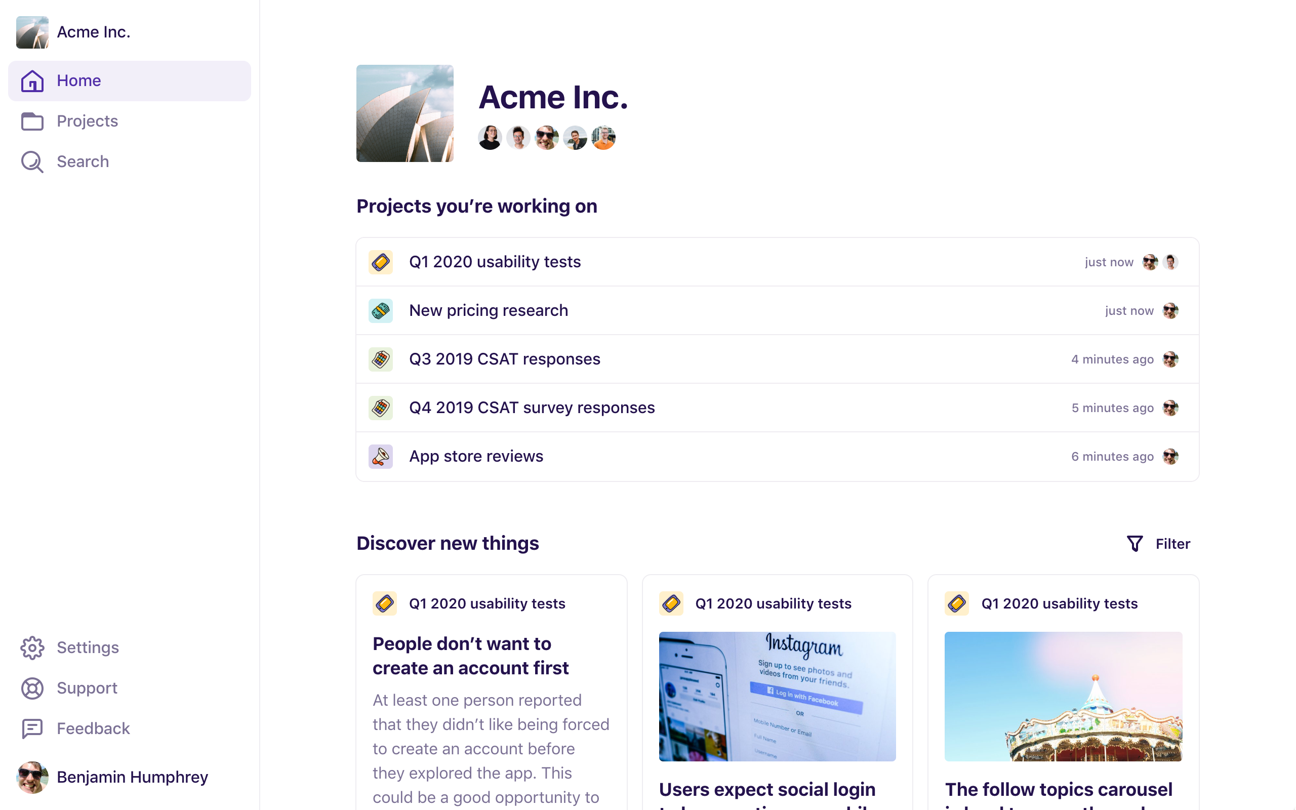 Screenshot showing a long list of projects in Dovetail.