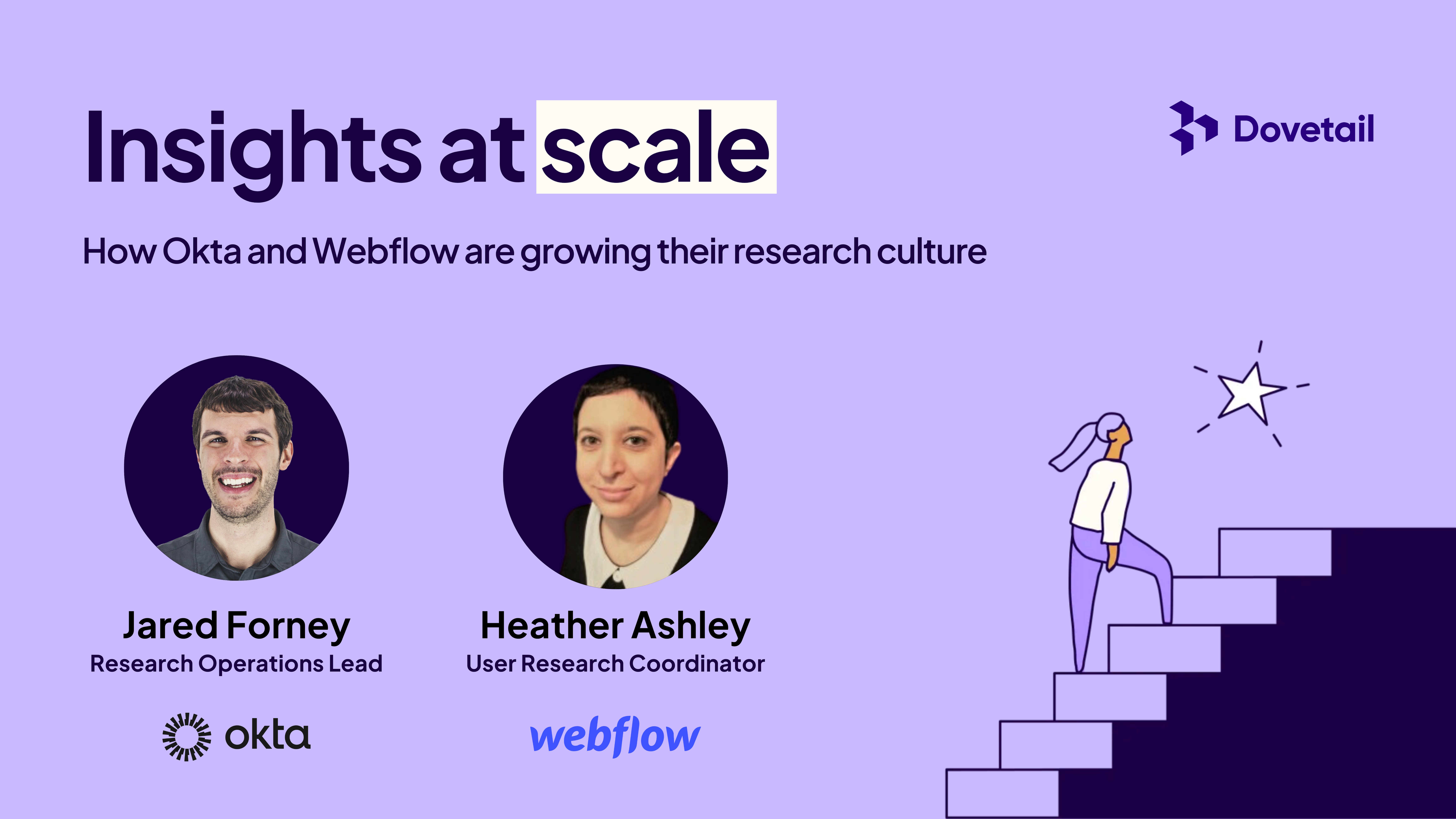 Webinar titled "How Okta and Webflow are Growing Their Research Culture," featuring Jared Forney and Heather Ashley.